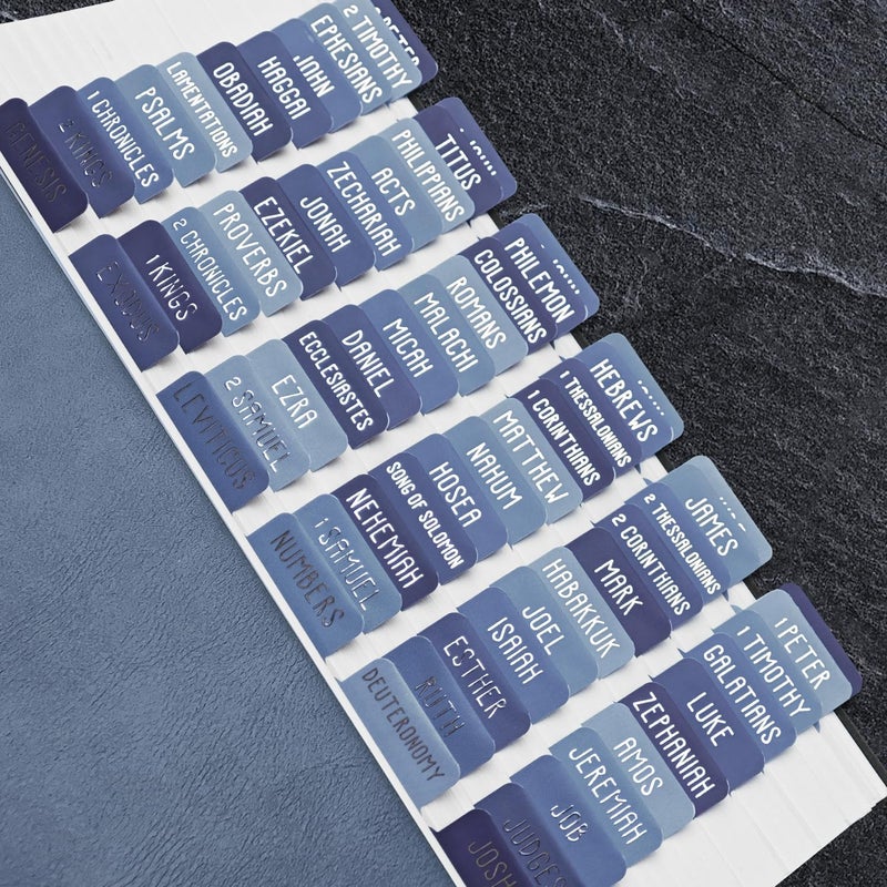 Uzriyl Laminated Bible Tabs, Bible Study Supplies, Large Print Bible Book Tabs for Women and Men, (Silver Foil Embossed Lettering) Bible Labels Index Tabs, Bible Accessories for Easy Navigation(Dusk Blue) - Image 1